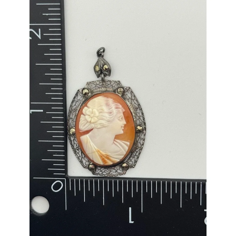 Vintage‎ Art Deco Sterling Silver Filigree Marcasite Carved Shell Cameo Pendant
